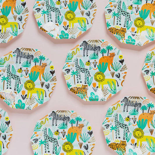 Jungle-themed small paper plate with wild animals and gold foil