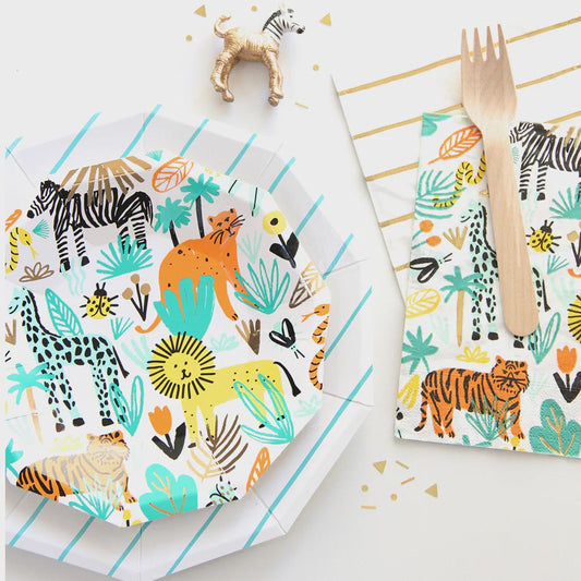 Into the Wild party napkin featuring lions, tigers, zebras, giraffes