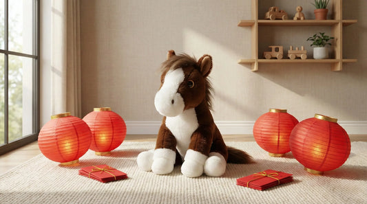Leon the Pony plush displayed with Lunar New Year decorations, representing a meaningful Year of the Horse 2026 gift for children