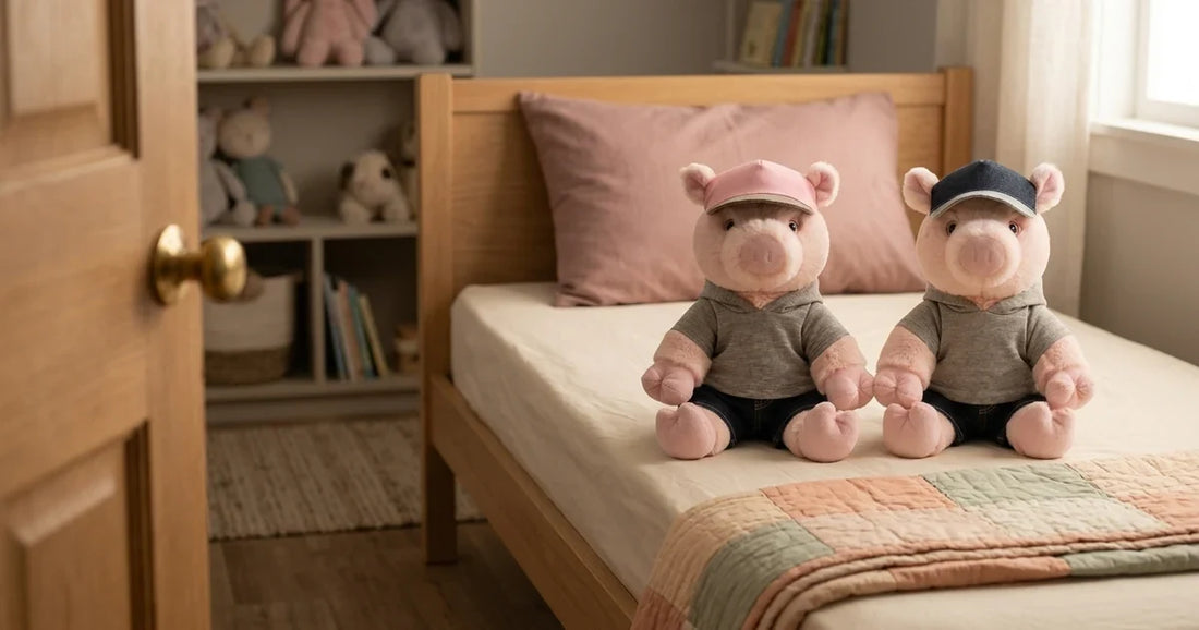 Petal and Pip plush pigs sitting on a highly sensitive preschooler's bed in a quiet room with the door ajar