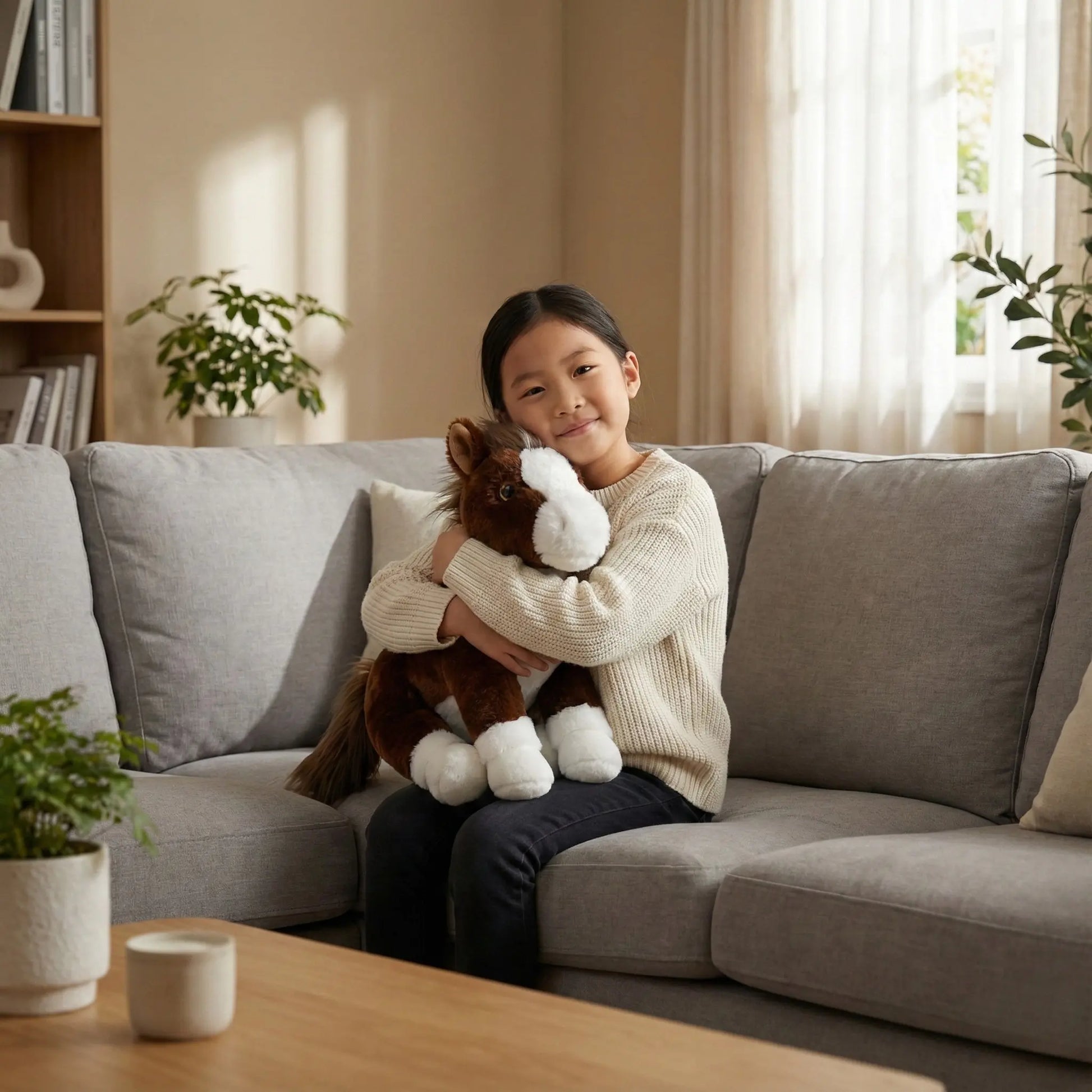 Child hugging Lian the Pony plush toy with a calm expression.