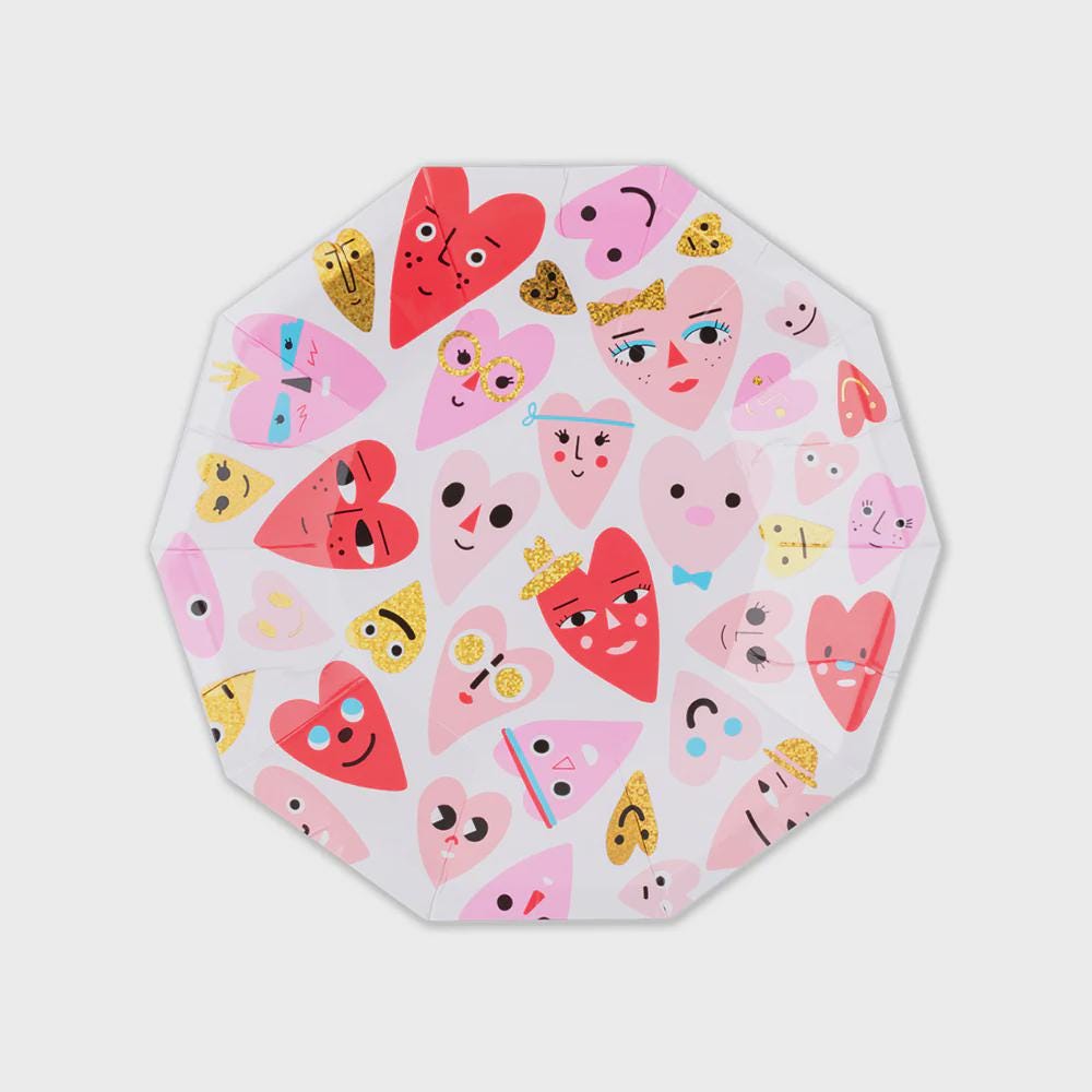 7.5 inch pink and red heart paper plate with gold foil accents