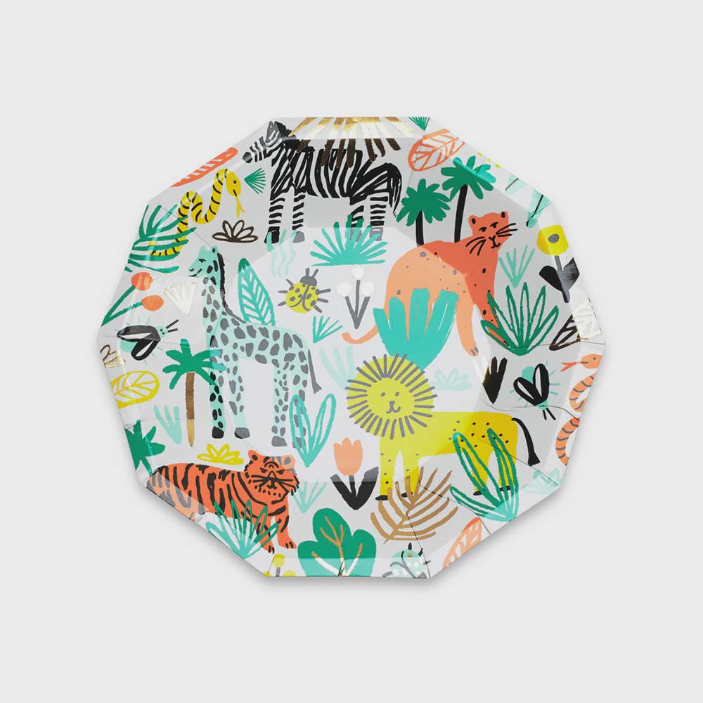 Into the Wild party plate featuring zebra, lion, tiger, giraffe