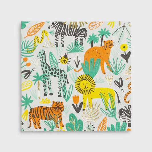 Jungle-themed large napkin with colorful wild animals and gold foil