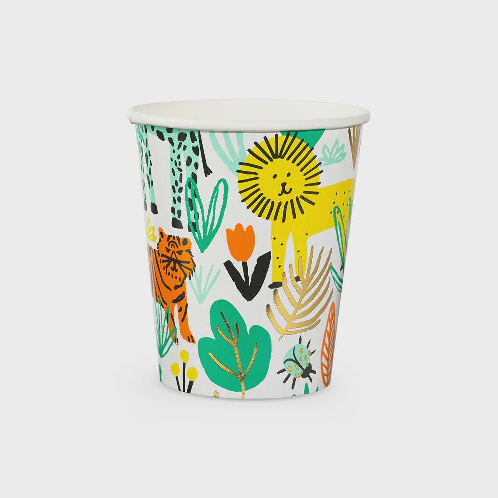 Jungle-themed paper cup with lion, tiger, and greenery design