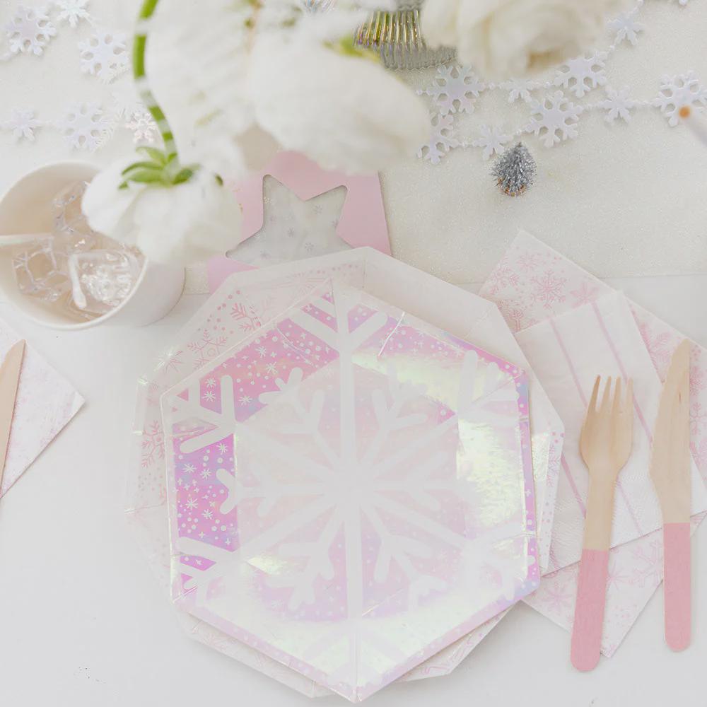 Iridescent Snowflake Paper Plates: Winter Holiday Party Tableware (8.75")