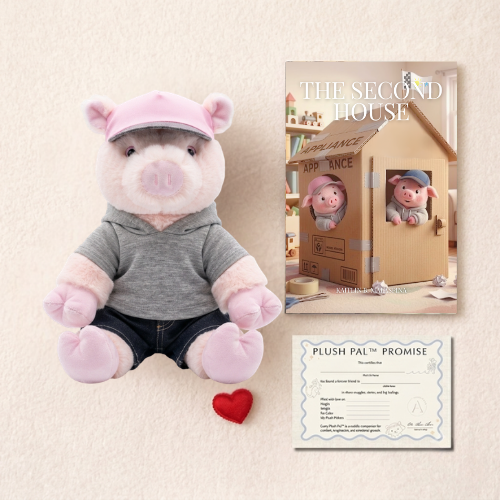 Petal the pig plush in her pink cap beside The Second House storybook, the Plush Pal Promise certificate and the red plush heart