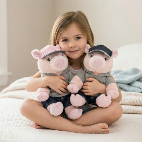 A young girl sitting on a bed hugging both Petal and Pip plush pigs