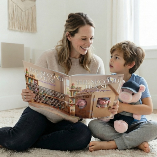 A mother reading The Second House aloud to her son, who is holding Pip the plush pig