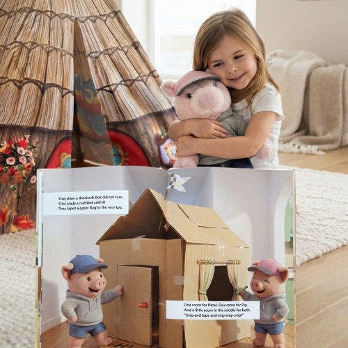 A girl hugging Petal the plush pig behind an open page of The Second House showing the rebuilt cardboard house