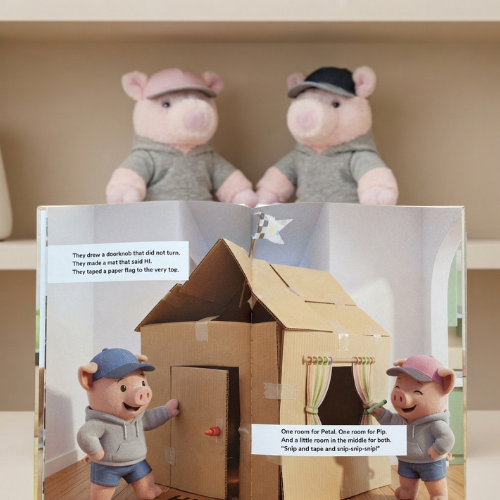 An open spread of The Second House storybook with Petal and Pip plush pigs sitting behind it